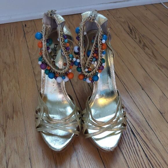 Mid 2000s Bebe Heels Sandals Gold Stiletto Beaded Platform Size 6 - Picture 3 of 11
